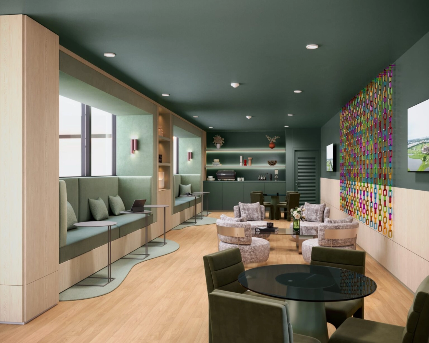 Residents gym at the Mondrian Hallandale Beach Residences with cardio equipment and free weights with large windows.